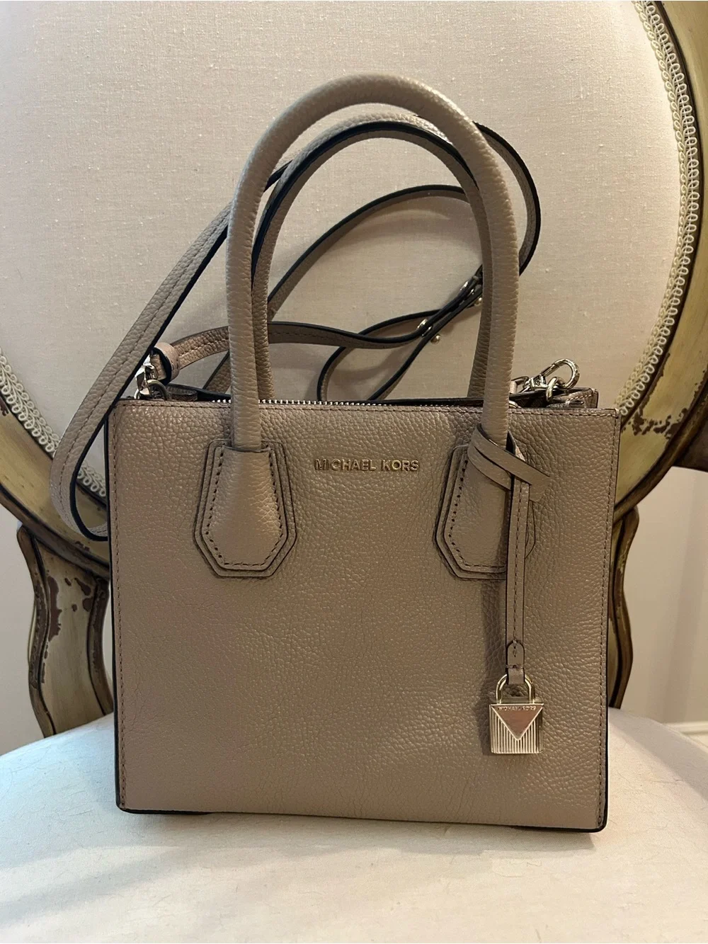 MICHAEL KORS Taupe Pebbled Leather Mini Satchel